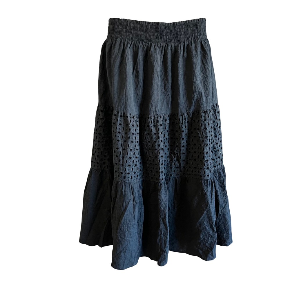 Nine West Black Tiered Eyelet Lace Maxi Skirt Smocked Waist Large